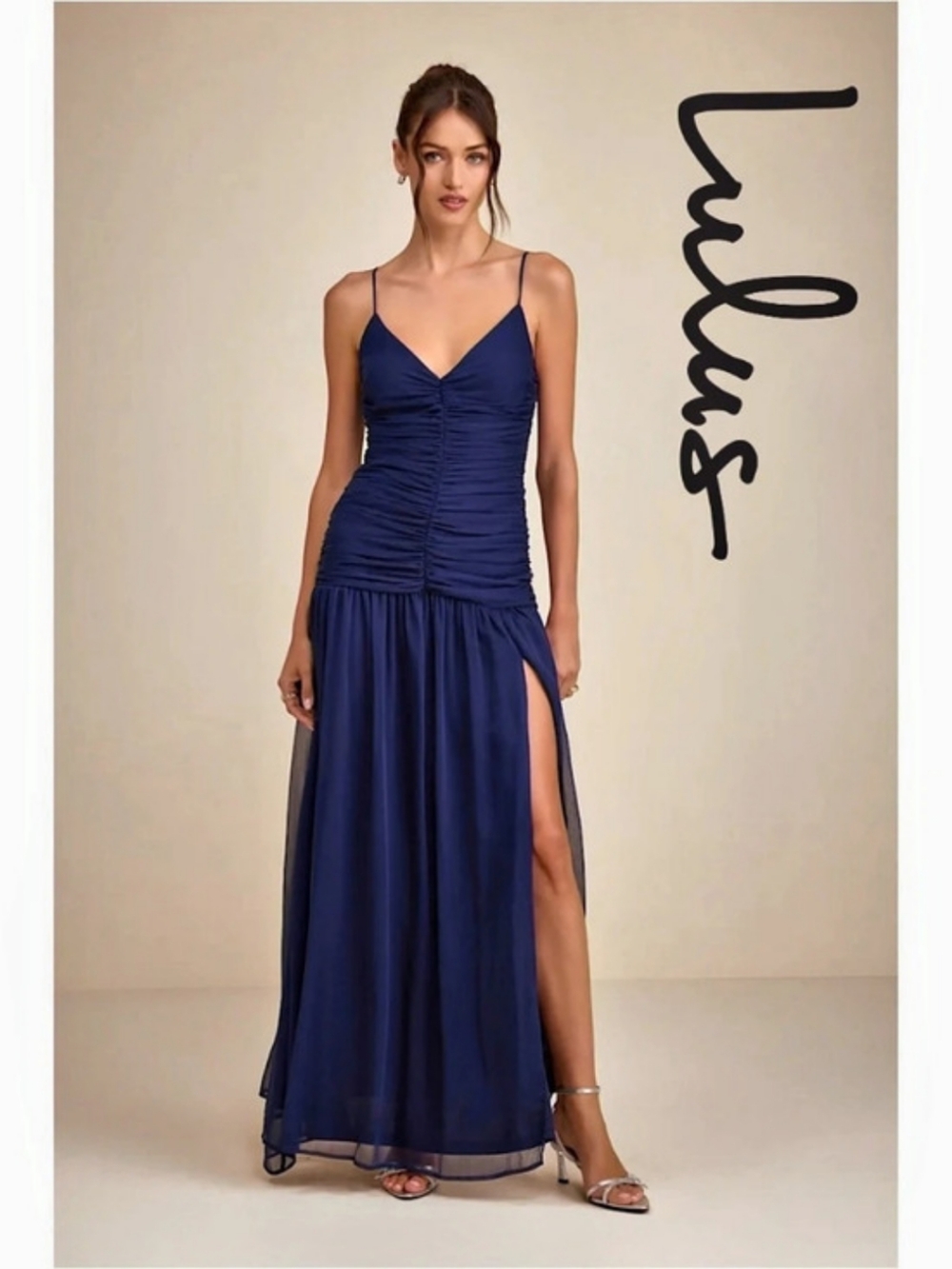 Lulus Ronna Navy Ruched Drop Waist Maxi Dress